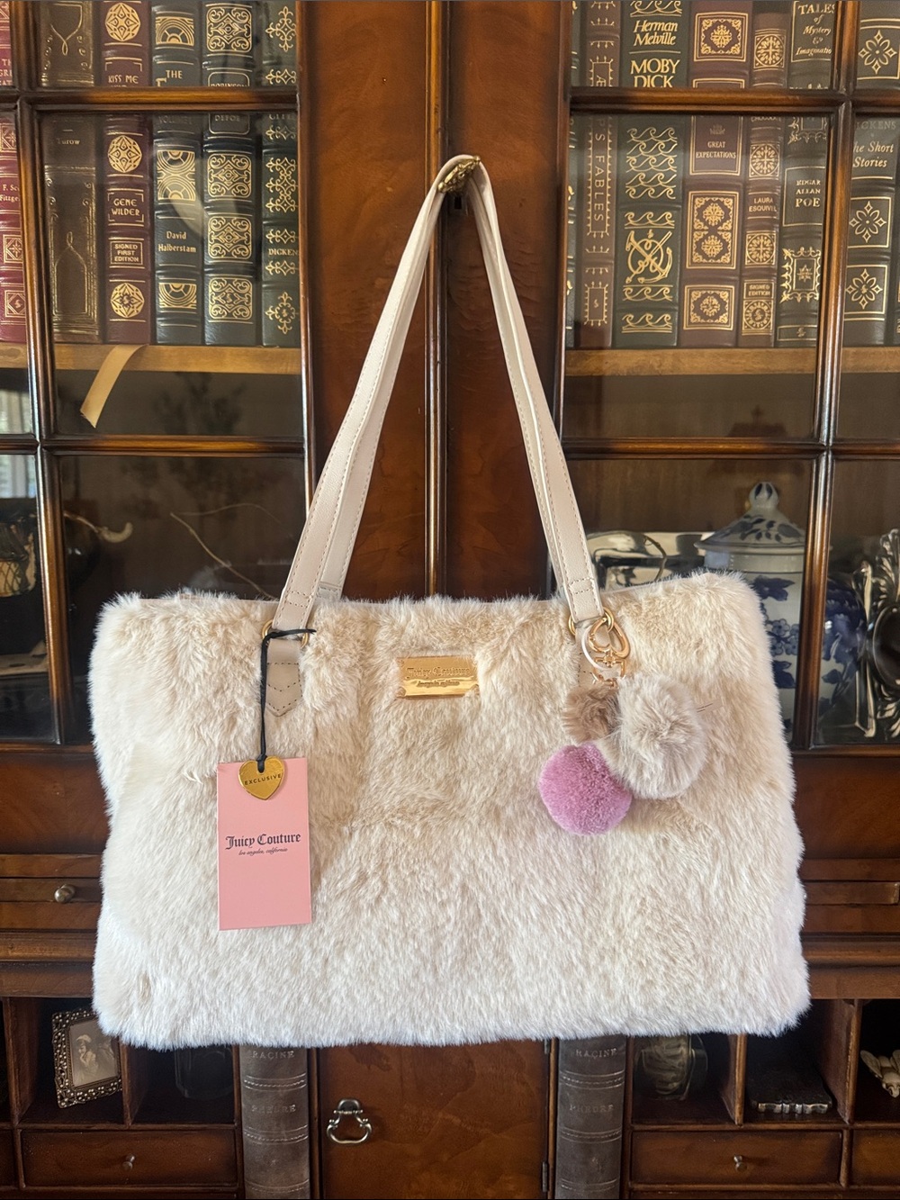 Juicy Couture Dreamy Divas Tote in Faux Fur with Pom Pom and Gold Charms - NWT!